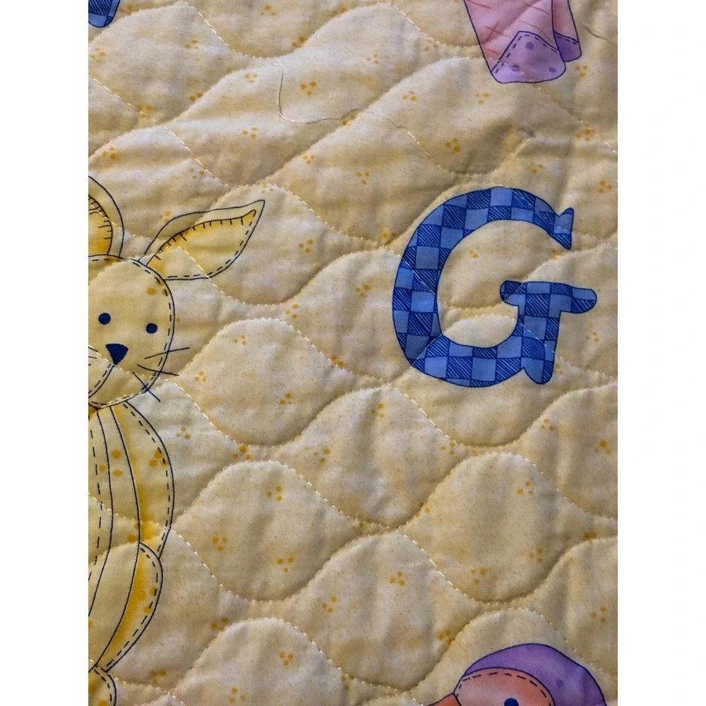 1990s  Baby Quilt Alphabet Animal Noahs Ark Nursery Blanket Yellow Pastel 34x41